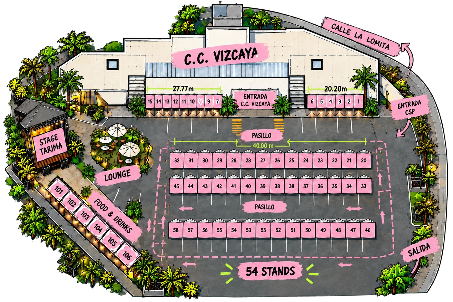 Plano CSP 14: distribución de stands, entrada desde Calle La Lomita, tarima, lounge y salida