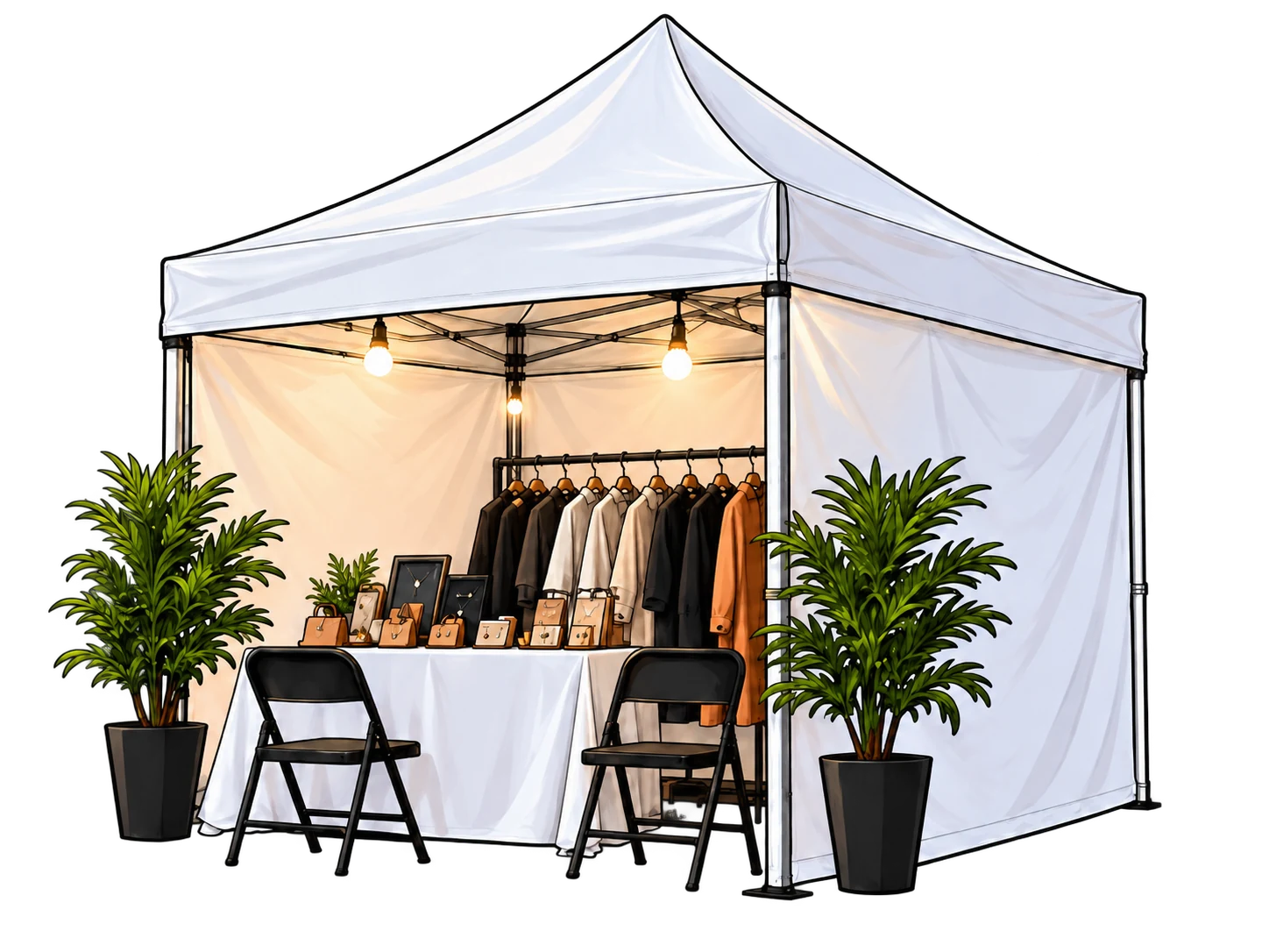 Ilustración de stand comercial 3 × 3 con toldo blanco, perchero de ropa y mesa de accesorios