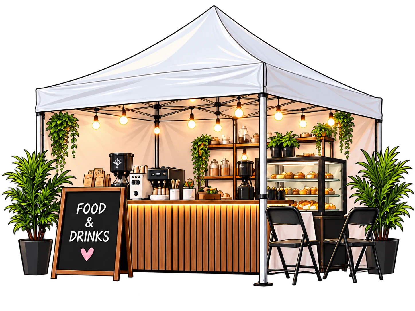 Ilustración de stand Food & Drinks 3 × 3 con barra de madera, cafetera y vitrina de panes
